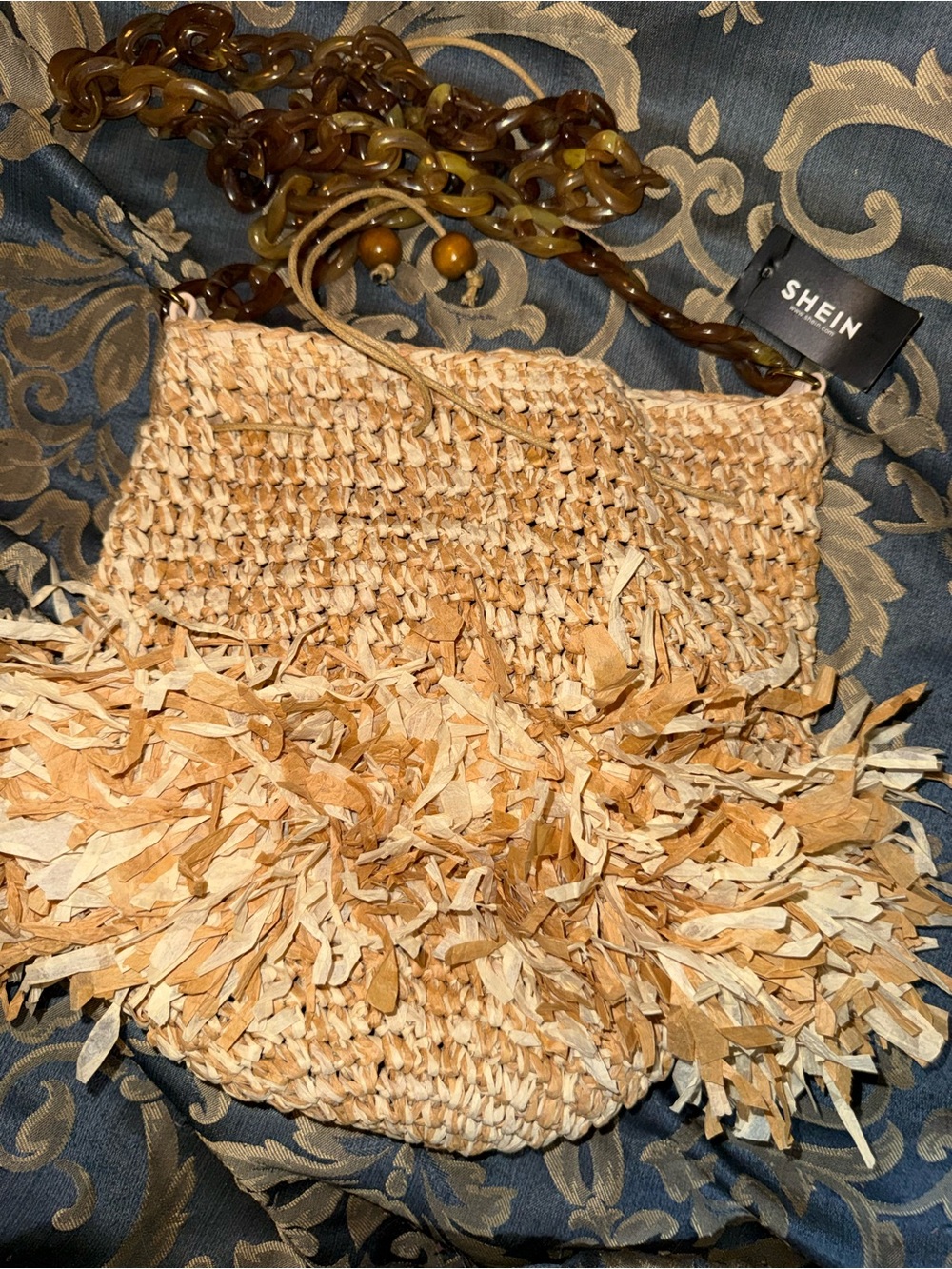SHEIN Tan Straw Fringe Crossbody Bag with Tortoiseshell Chain - Picture 2 of 3
